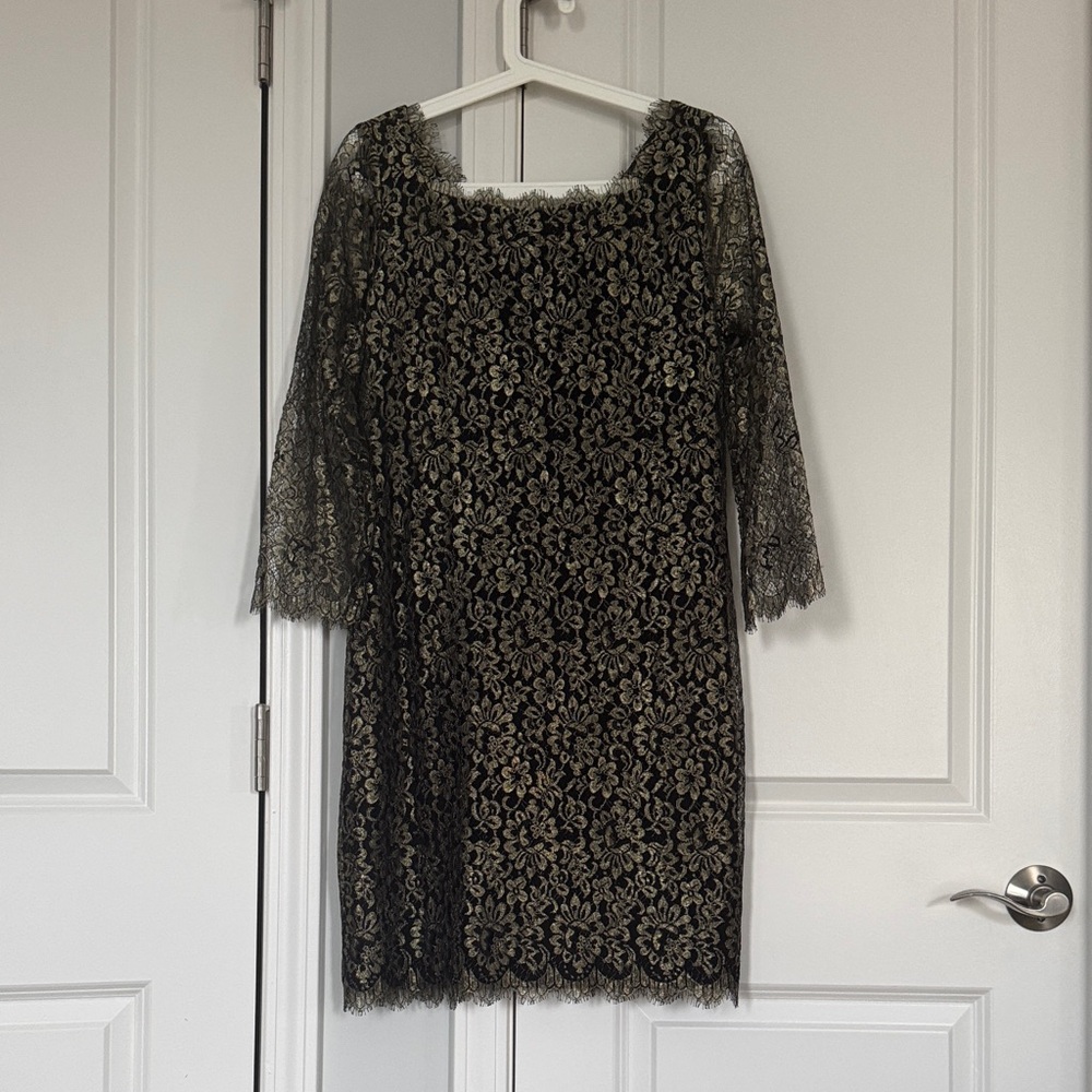 Diane Von Furstenberg Black Dress with Gold Lace Overlay